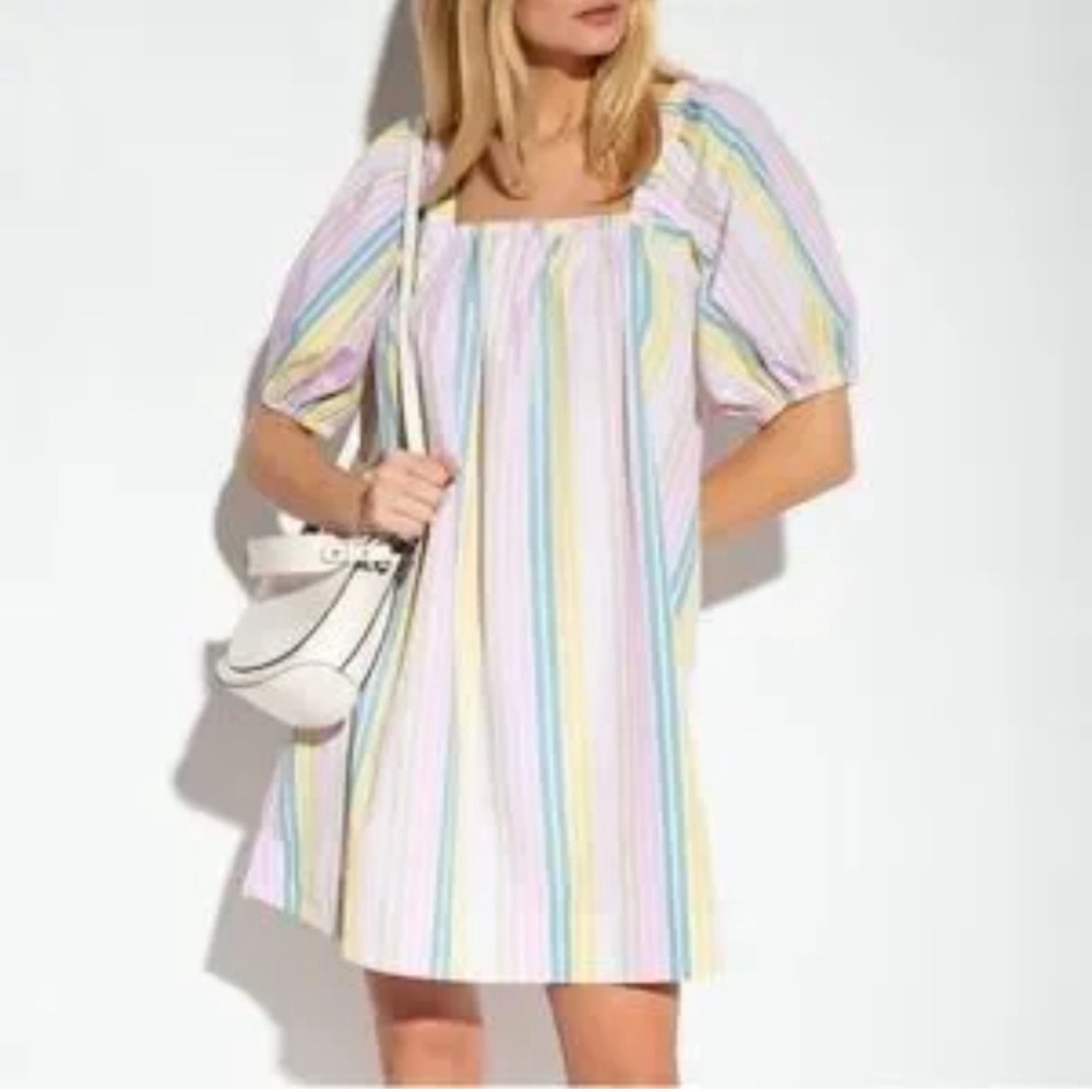New GANNI Pastel Multi-Stripe Square Neck Babydoll Dress Sz 38/ US6